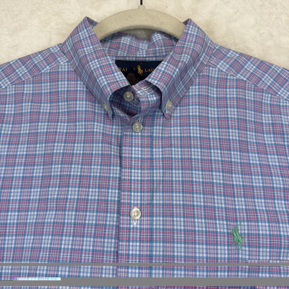 Ralph Lauren Boys Plaid Button Up Shirt XL 18-20 Blue Pink Pony Logo